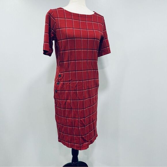 J. JILL XS Red Windowpane Ponte Knit Boatneck Sheath Dress Christmas Classic - Picture 4 of 15